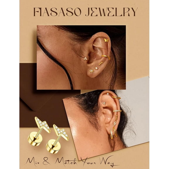 Flat Back Earrings for Women Hypoallergenic - Surgical Steel Stud Hoop Earrings for Sensitive Ears Stainless Steel Flatback Earings Screw Back Cartilage Earring Set gold