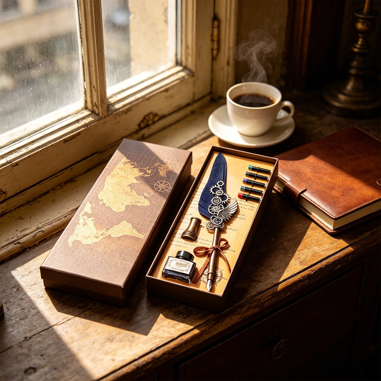 Xheghe Steampunk Quill Pen Set with Ink and Stand - Elegant Writing Kit for Journaling, Letter Writing, and Gifts for Adults