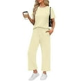 thumbnail image 2 of 2 Piece Sets for Women Casual Summer Travel Vacation Outfits Short Sleeve Wide Leg Crop Pants Lounge Sets Beige L, 2 of 2