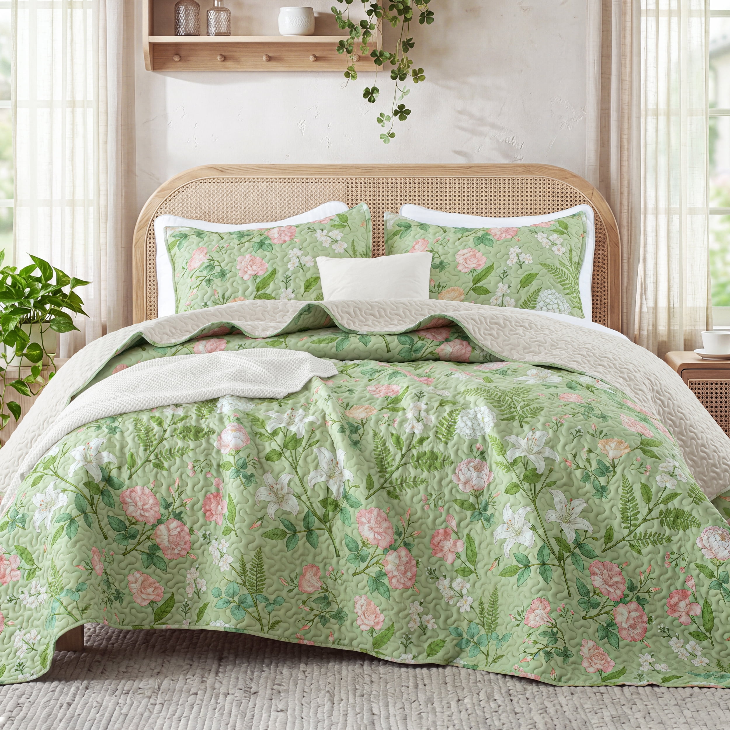 Exclusivo Mezcla Floral Quilts Queen Size, Green Queen Quilt Bedding Set with Blooming Cottagecore Garden Pattern, Reversible Lightweight Bedspreads Coverlets (92"x96")
