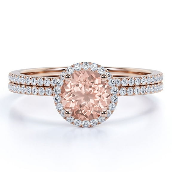 JeenMata Limited Time Sale 1.75 Carat Round cut created morganite and Moissanite Bridal Wedding Ring Set with Engagement Ring and Wedding Band in 18k Gold Over Silver
