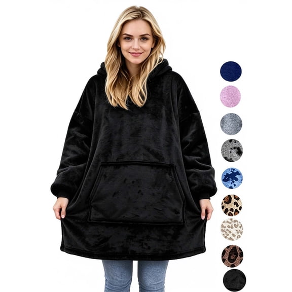 Wearable Blanket Hoodies for Women Men with Pocket, Adult Oversized Fuzzy Blanket Hoodies, Soft and Warm Sherpa Sweatshirt Blanket, Cute Birthday Gifts, Black