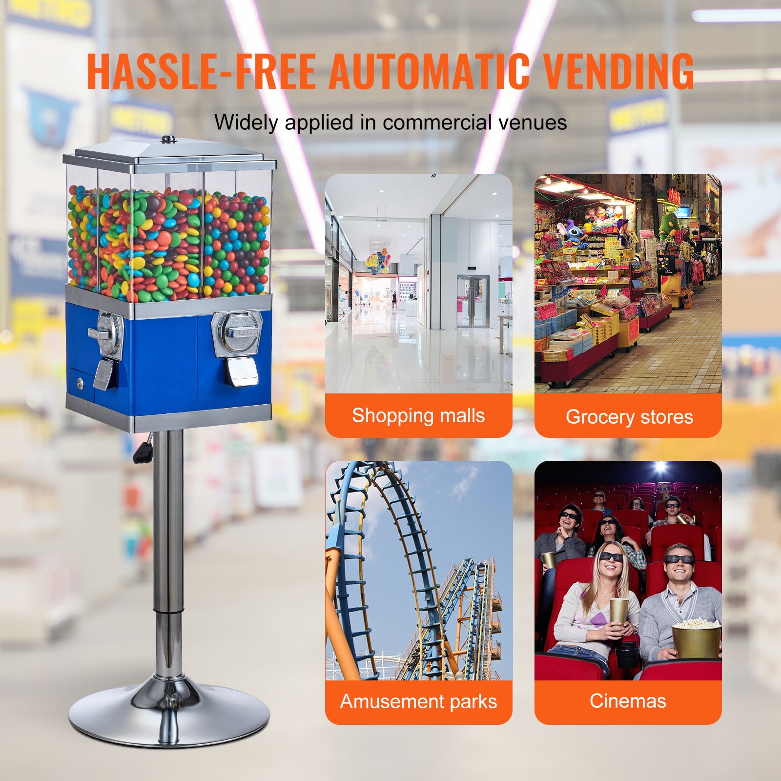KFFKFF Industrial Candy Machine, Quad Section Swivel Sweet and Gumball Vendor, Modifiable Elevation Coin-Driven Candy Repository with Metal Base