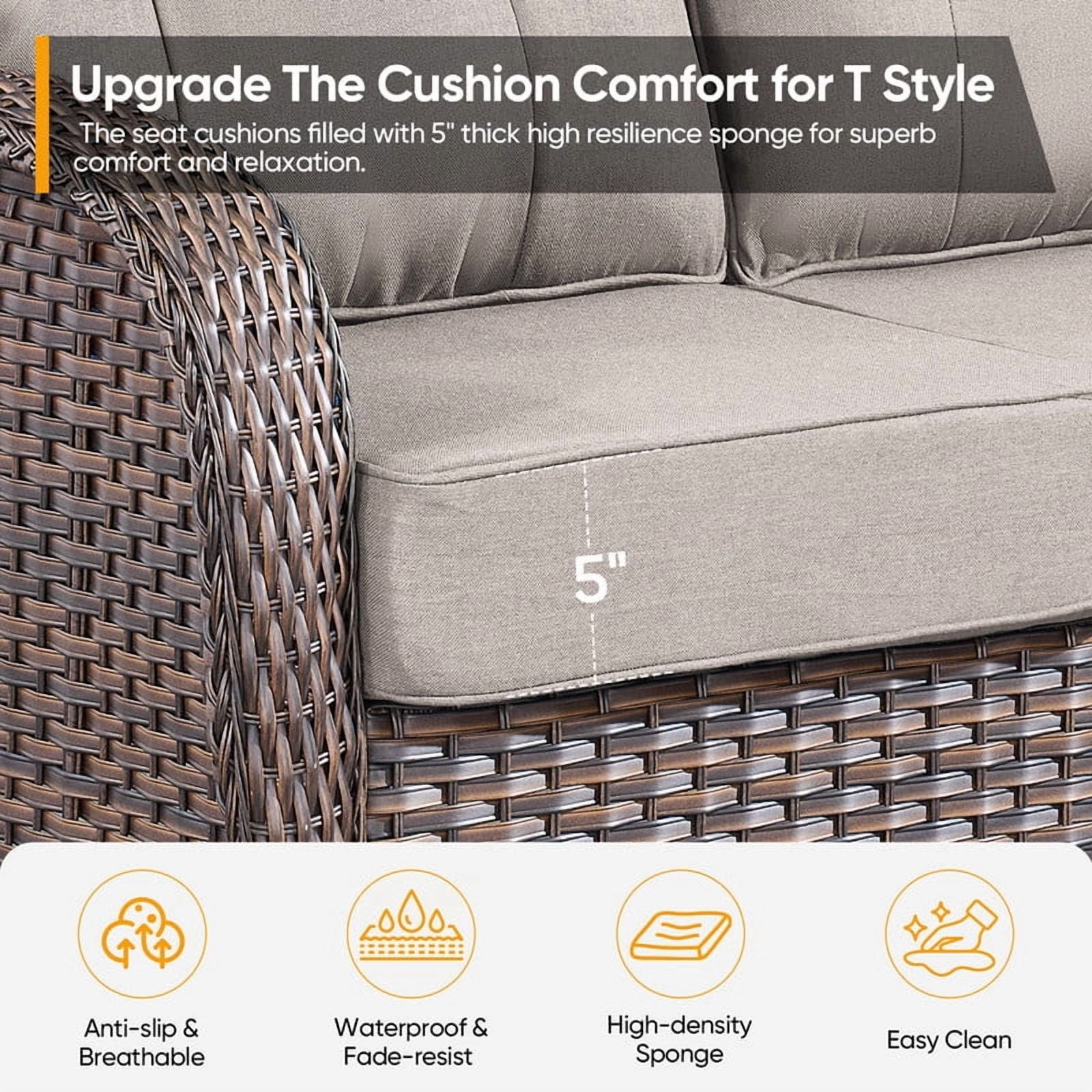 PARKWELL 6-Piece Outdoor Furniture Set with 41-Inch Propane Firepit - Rattan Cushioned Sofa and Wicker Swivel Glider Chairs,Outdoor Seating for Backyard Gatherings, Brown/Beige