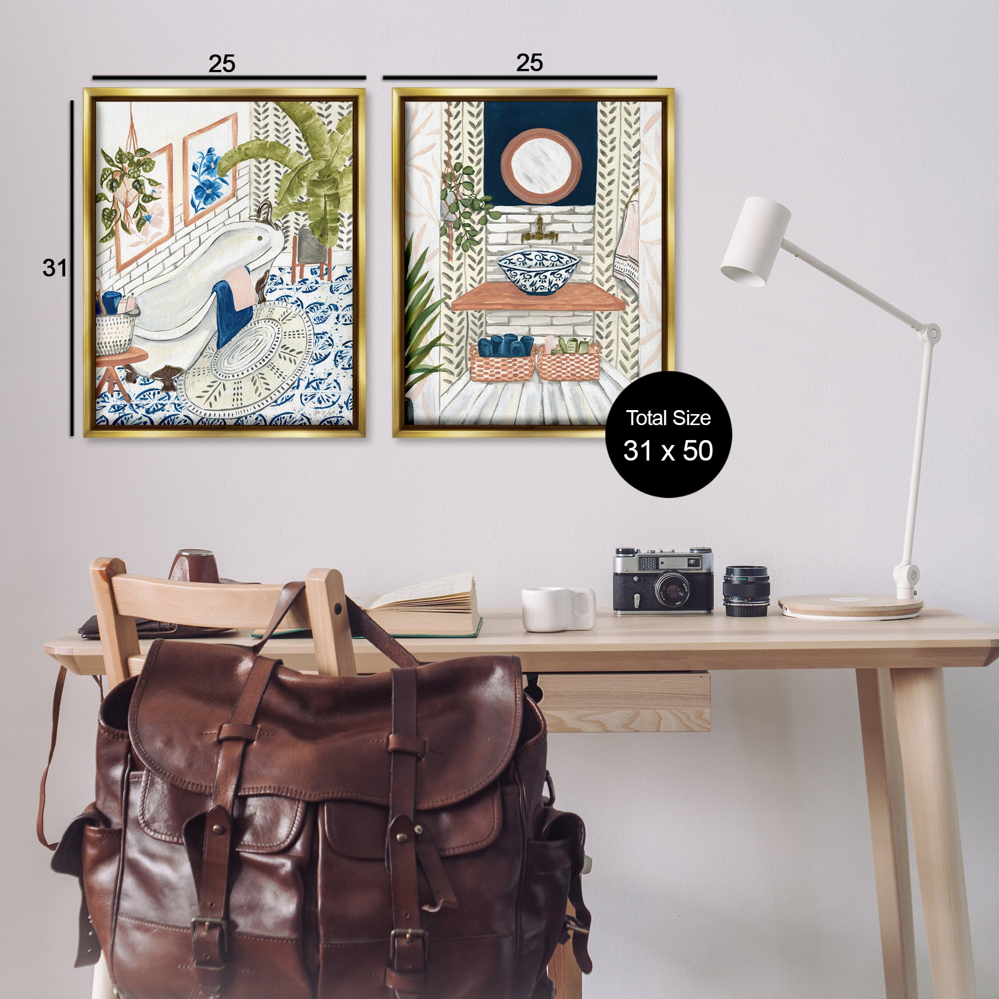 Stupell Industries Boho Chic Bathroom Bath & Laundry Painting Gold Floater Framed Canvas Art Print Wall Art, 31 x 25, Set of 2