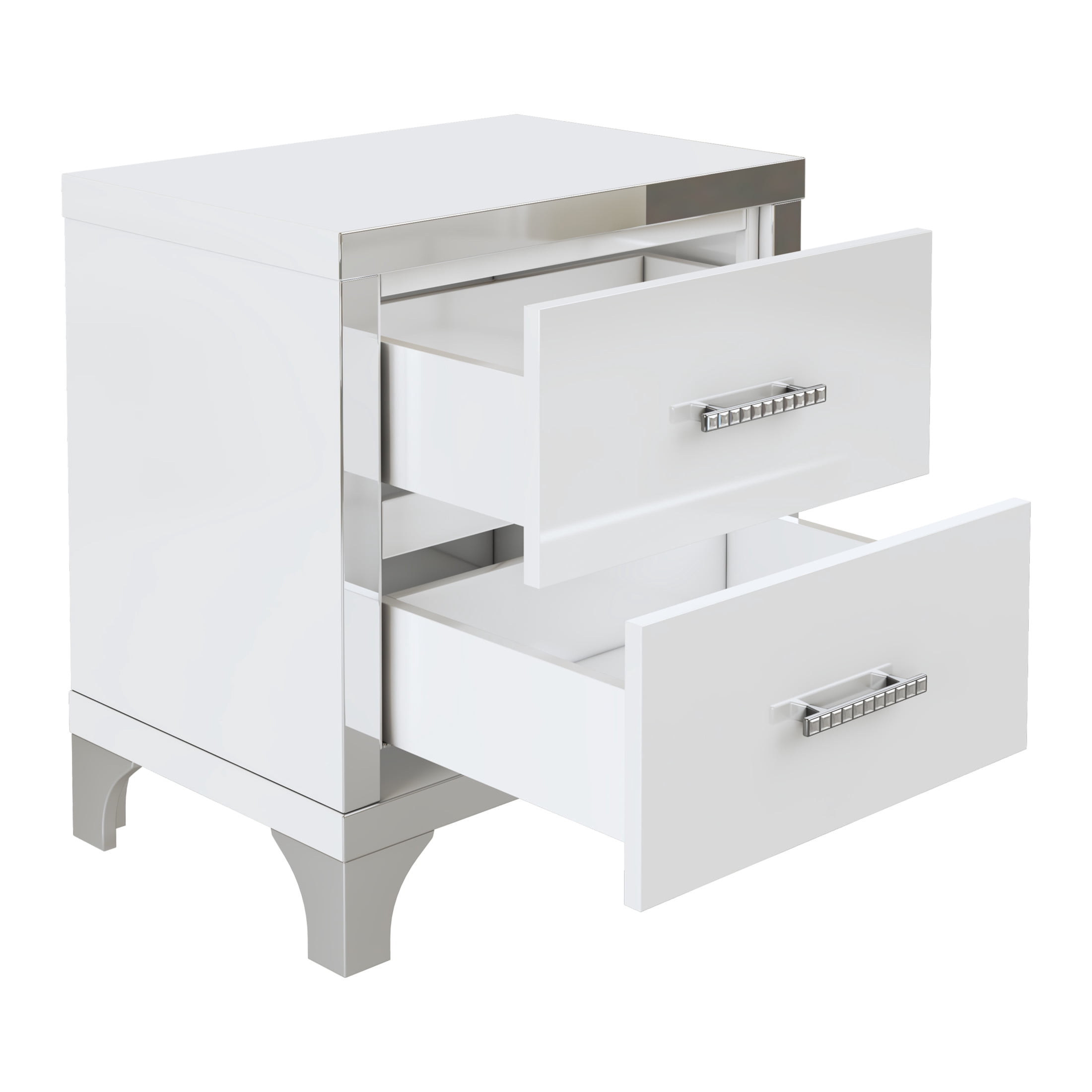 Noble House High Gloss Nightstand with 2 Drawers, Metal Handles and Legs, White