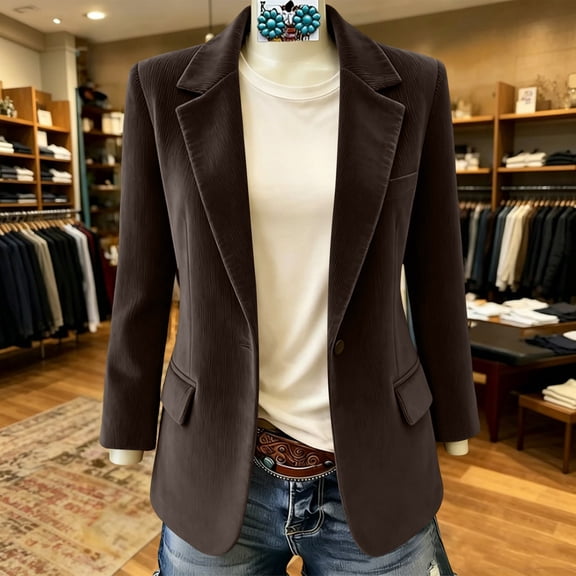 IUYRTFE Women's Corduroy Blazer Jacket Long Sleeve Lapel Collar Casual Work Coat with Pockets