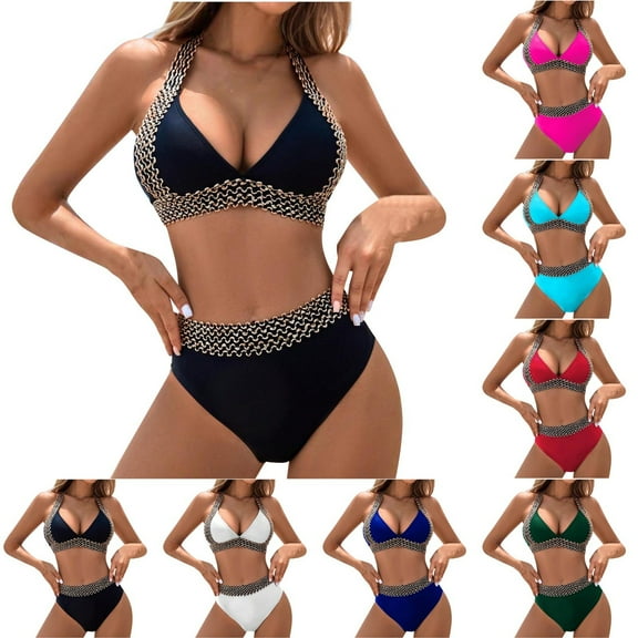 UTSJKR Women's Two Piece Bathing Suit Colorblock Tie Back Halter Bikini High Waist Halter V Neck Swimsuits Full Coverage Bathing Suits Blue 12-14