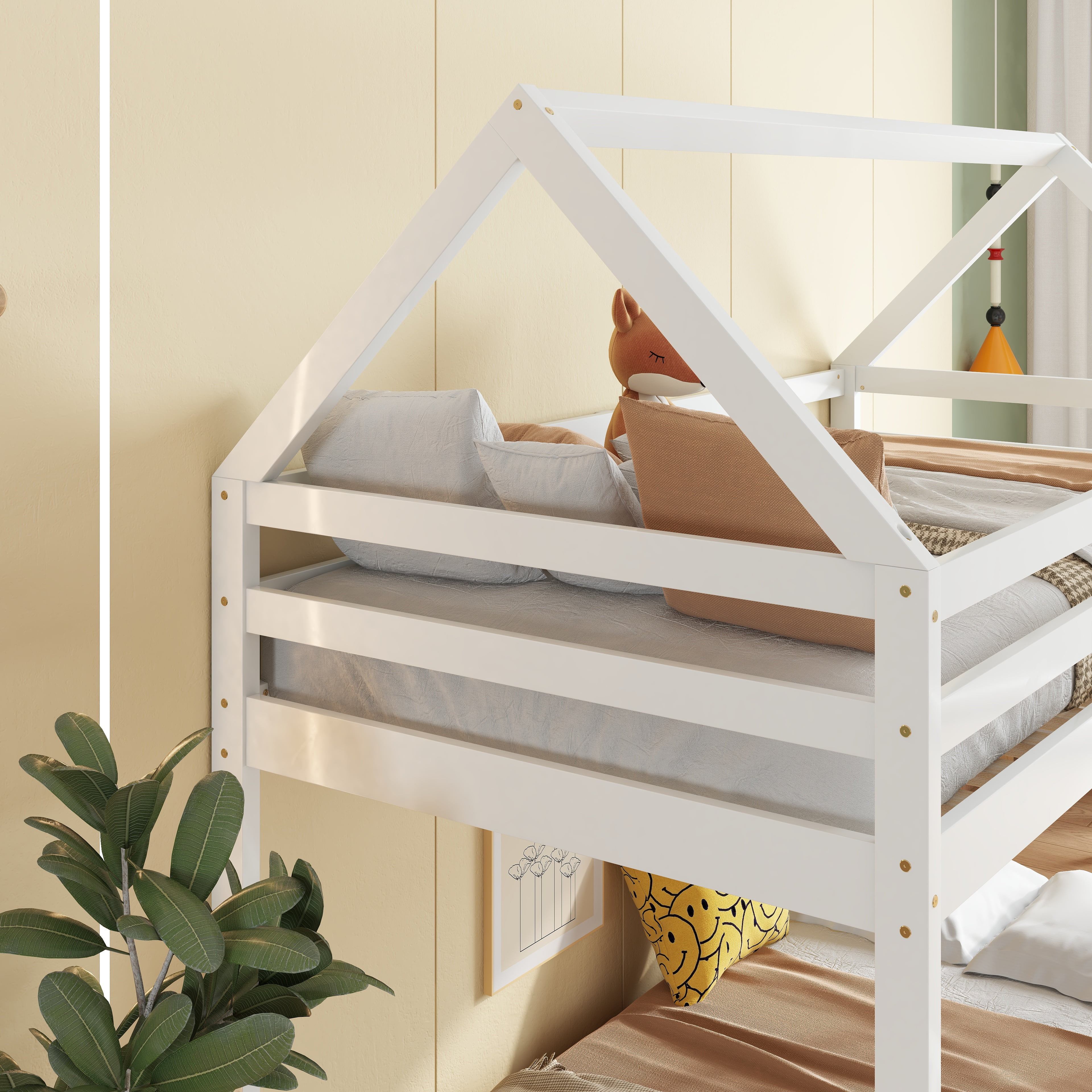 Miniyam Wood Twin over Twin Bunk Bed, House-Shaped Design for Kids and Teens, White