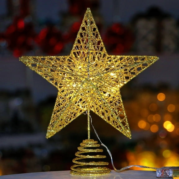 10Inch Christmas Tree Topper Star, GoXteam Gold Christmas Ornaments Treetop, LED Light Up Tree Toppers Christmas Tree Decoration, Glittered Metal Christmas Star for Christma Tree Ornament Decor