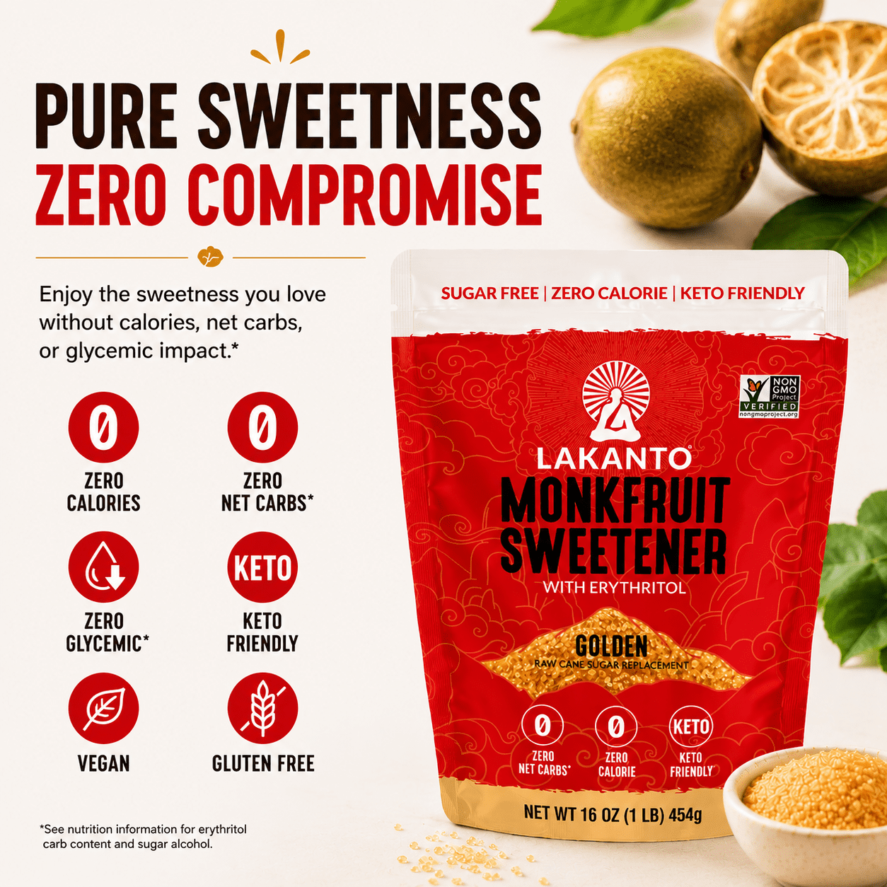 (2 pack) Lakanto Golden Monk Fruit Sweetener - Raw Cane Sugar Substitute, Zero Calorie, Keto Diet Friendly, Zero Net Carbs, Zero Glycemic, Baking, Extract, Sugar Replacement (Golden - 8.29 oz)