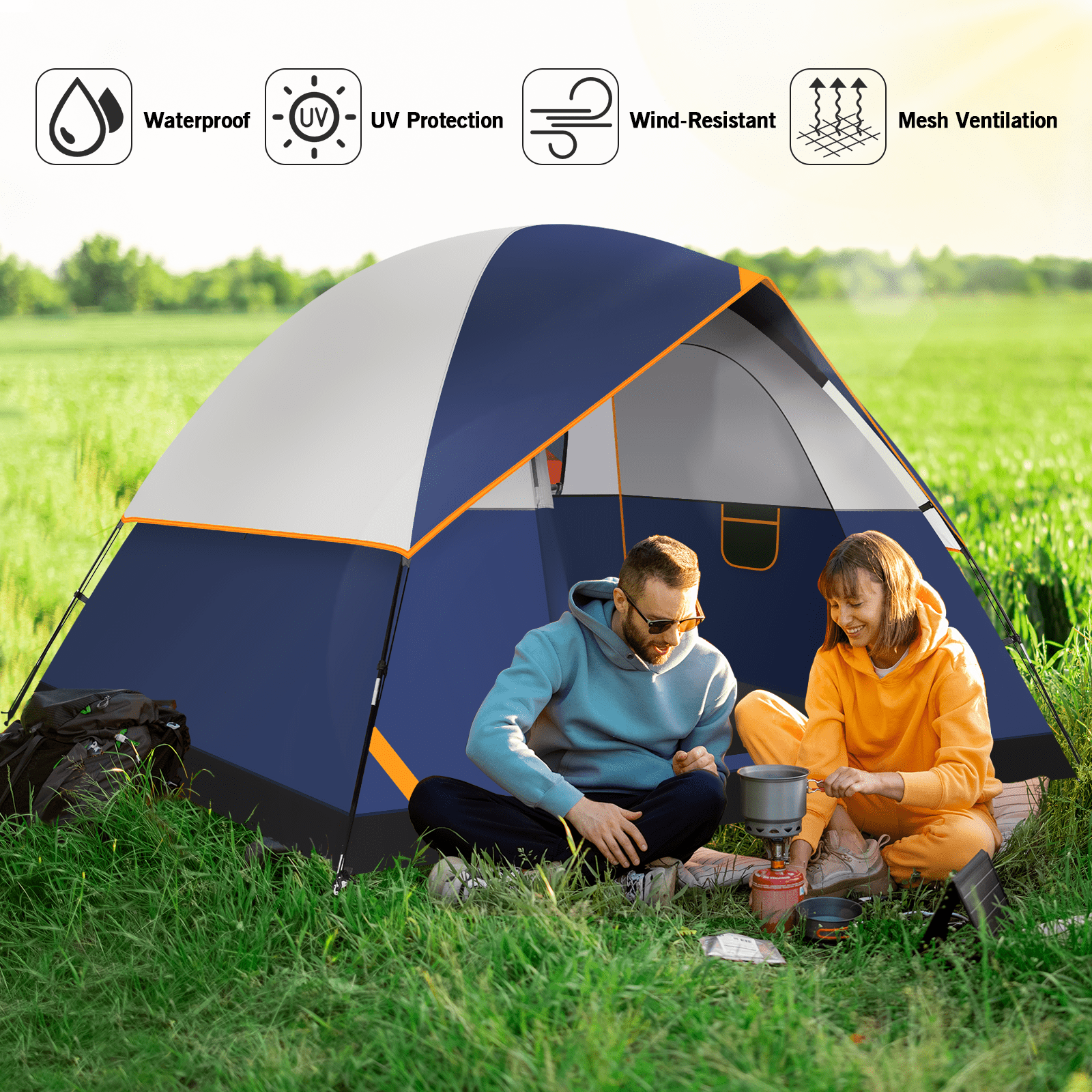COBIZI 4 Person Tent for Camping with Waterproof Rainfly,EZ Setup Tent Windproof Instant Family Dome Camping Tent with Mesh Door & Ventilation Windows for Beach Camping Hiking Backpacking,Blue