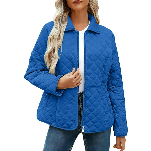 Gamivast Women's Quilted Lightweight Jackets 2Xl Zip up Lapel Collar Coats with Pockets Winter Long Sleeve Solid Trendy Jacket Warm Winter Outerwear Clothing