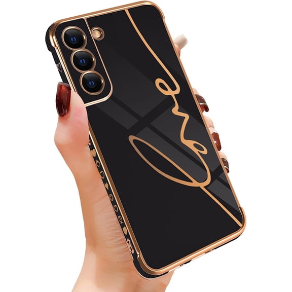 Compatible for Samsung Galaxy S22 5G 6.1" Case with Cute Side Love Heart and Plating Love Letter Pattern Case for Women Girls Shockproof Soft TPU Full Camera Lens Protection Case-Black