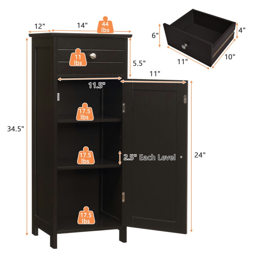 Finihen Storage Cabinet, Floor Cabinet, Wooden Storage Free-Standing Floor Cabinet with Drawer and Shelf, for Bathroom, Living Room, Bedroom, Kitchen, Brown