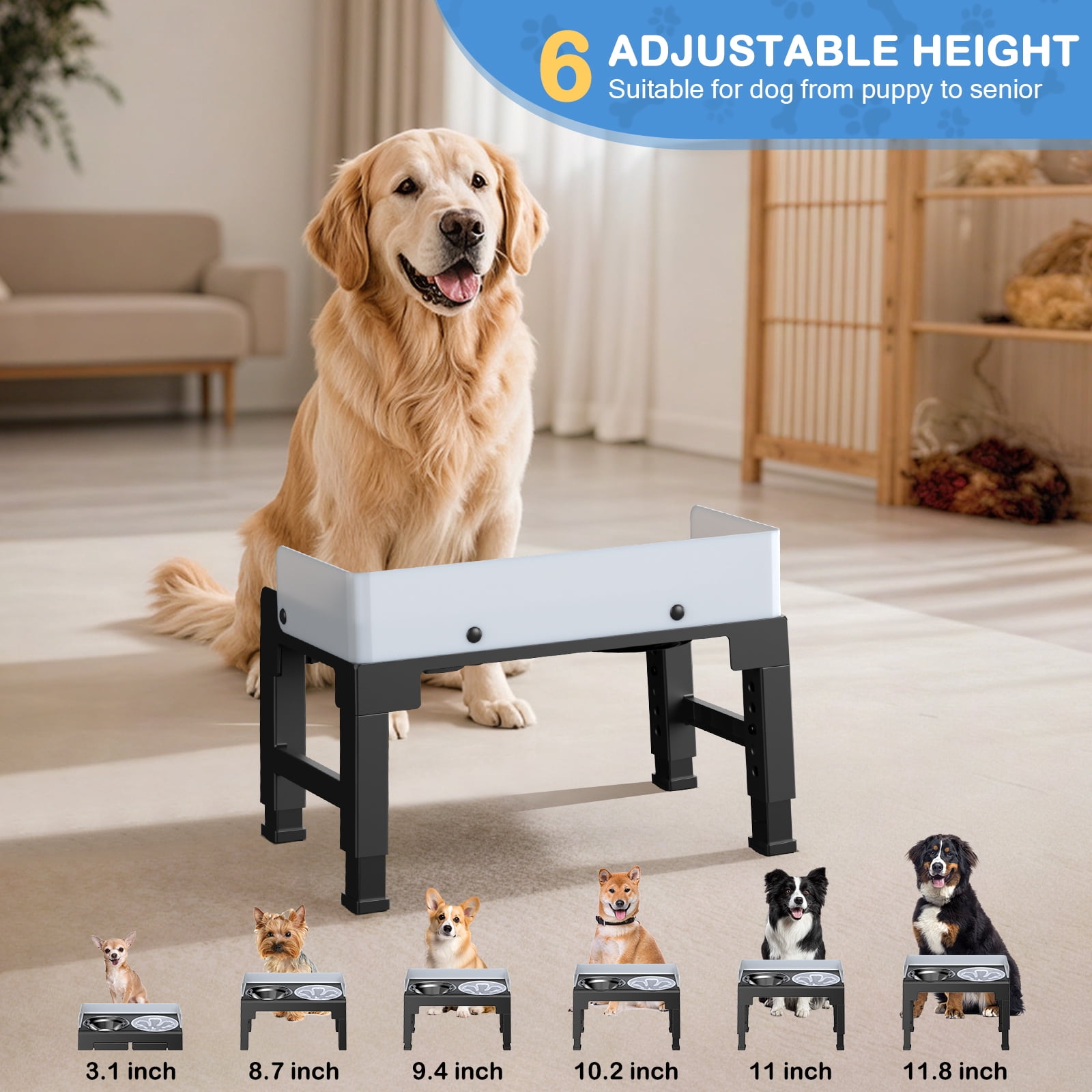 Euqvunn Elevated Dog Bowls, Raised Dogs Bowl Stand for Medium Large Dog, 6 Heights Adjustable 3.1", 8.7", 9.4", 10.2", 11", 11.8", Dog Feeder with 2 Stainless Steel Dishes &1 Slow Feeder Bowl