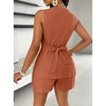 thumbnail image 6 of Women'S Summer 2 Piece Outfits Sleeveless Matching Sets Button Down V Neck Vest Waistcoat and Pockets Shorts Brown L, 6 of 8