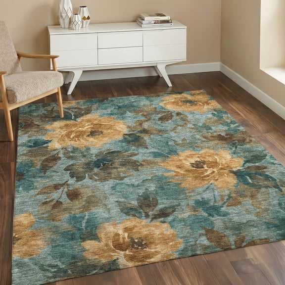 Addison Rugs Chantille Indoor/Outdoor Transitional Floral Aqua Machine Washable Rectangle Rug, 10' x 14'