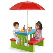 Kids Picnic Table, Toddler Plastic Outdoor Desk & Bench Set w/Removable Adjustable Umbrella, Gift for Boys Girls 3+, Kids Outdoor Table for , Backyard, Sand Play, Camping (Red)