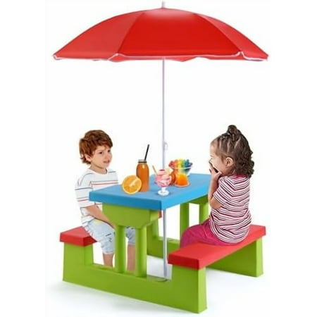 Kids Picnic Table, Toddler Plastic Outdoor Desk & Bench Set w/Removable Adjustable Umbrella, Gift for Boys Girls 3+, Kids Outdoor Table for , Backyard, Sand Play, Camping (Red)