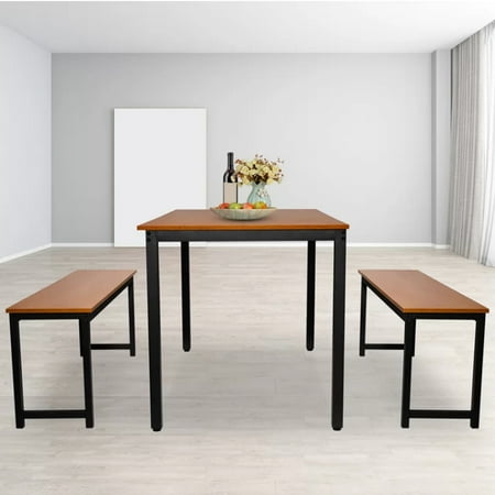 Dining Room Table Set, 3 Pieces URHOMEPRO Kitchen Table Set with Two Benches, Metal Frame and MDF Board Breakfast Nook, Modern Furniture for Home, Cafeteria, Apartment, Farm House, Brown, Q9014