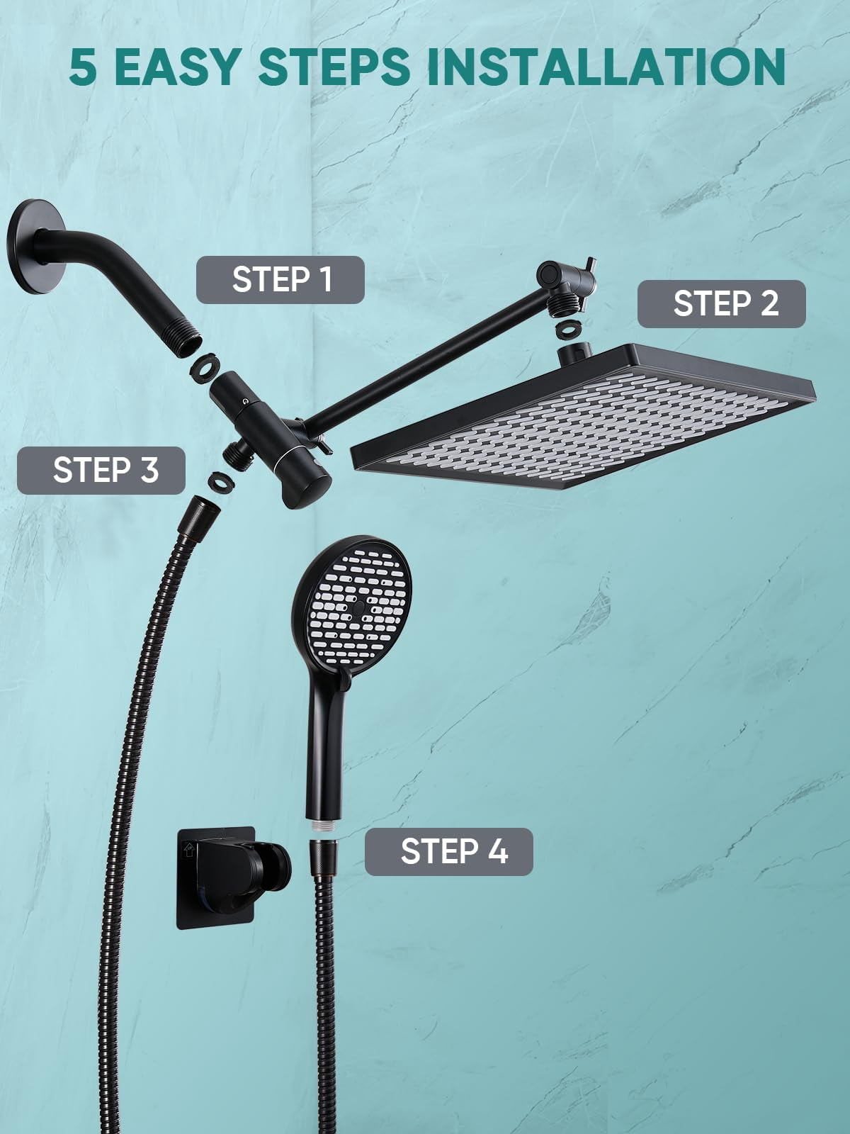 11.8 Inch Rain Shower Head With 6 Modes Handheld Water Spray High Showerhead Combo 11 Adjustable Extension Arm  Black