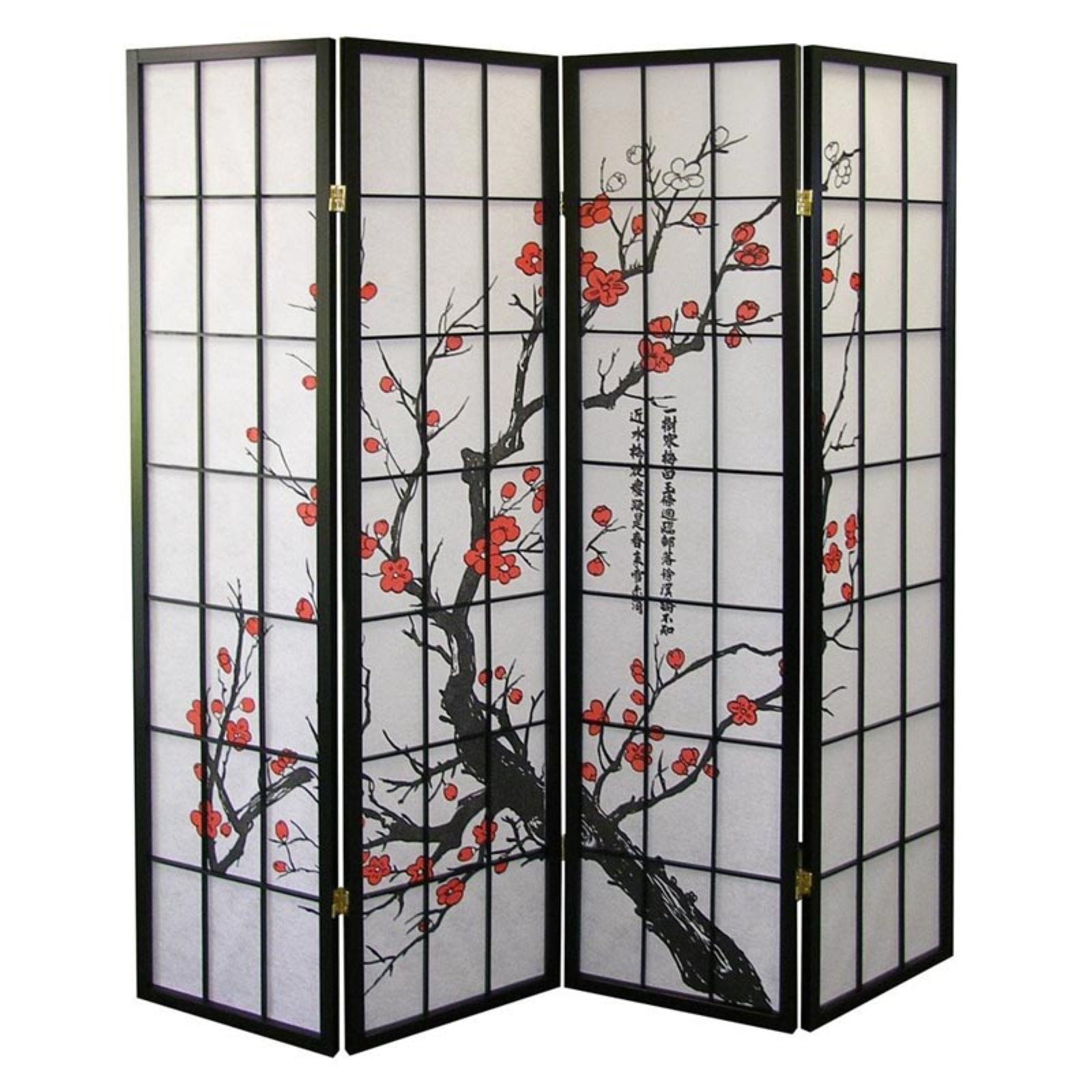 Roundhill Furniture Japanese 4-Panel Screen Room Divider in Plum Blossom