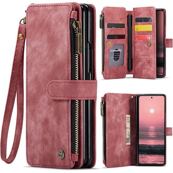Samsung Galaxy Z Fold 6 Wallet Case with [S Pen Holder],Card Holder Kickstand Magnetic Zipper Pocket Lanyard Strap Wristlet,Leather Flip Case Wallet for Galaxy Z Fold 6
