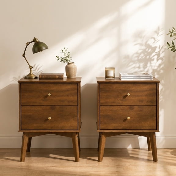 EcoNovi 26 Inch Dark Walnut Nightstand, 2-Drawer Bedside Table with Gold Knobs & Solid Wood Legs
