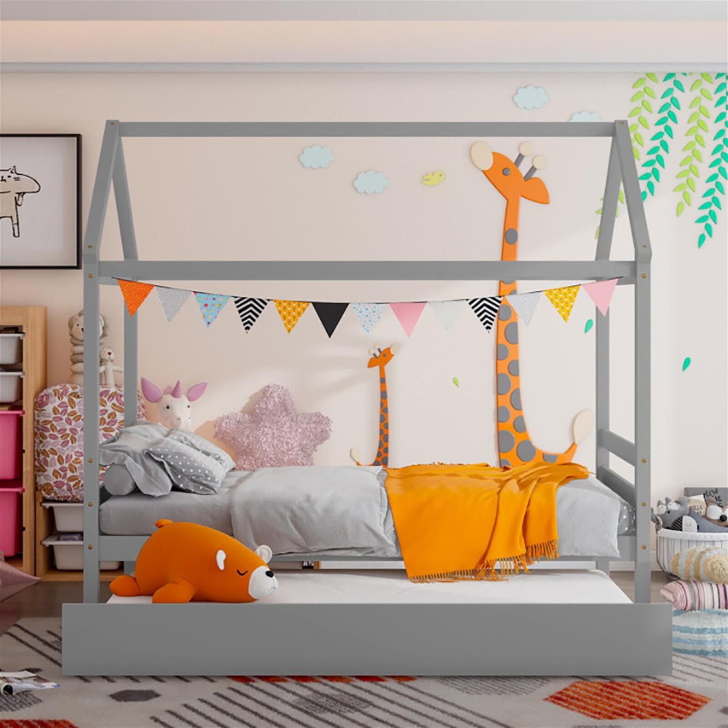 Demi Bonn Bed Frame with Roof for Bedroom, Modern House Bed Frames for Teens, Gray