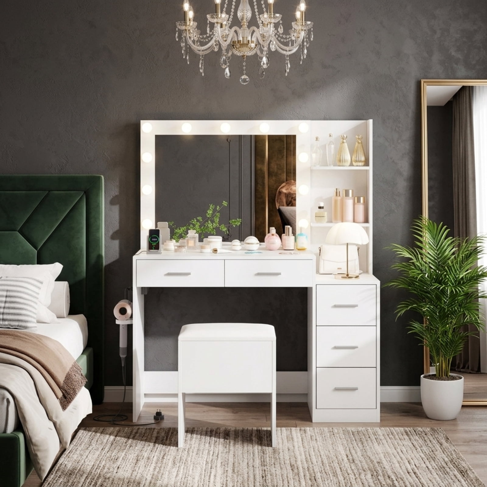 Furnibear Makeup Table and Stool Set with Hair Dryer Stand for Bedroom Makeup Dressing Room Vanity Desk Mirror Set, White
