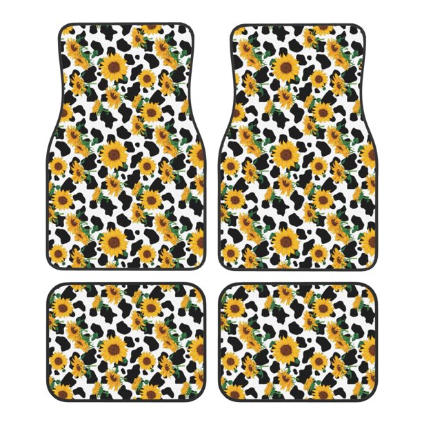 Balery Cute Cow Print Sunflower A Juego de 4 Alfombrillas para Auto, Revestimientos de Caucho Resistente, Diseño Antideslizante