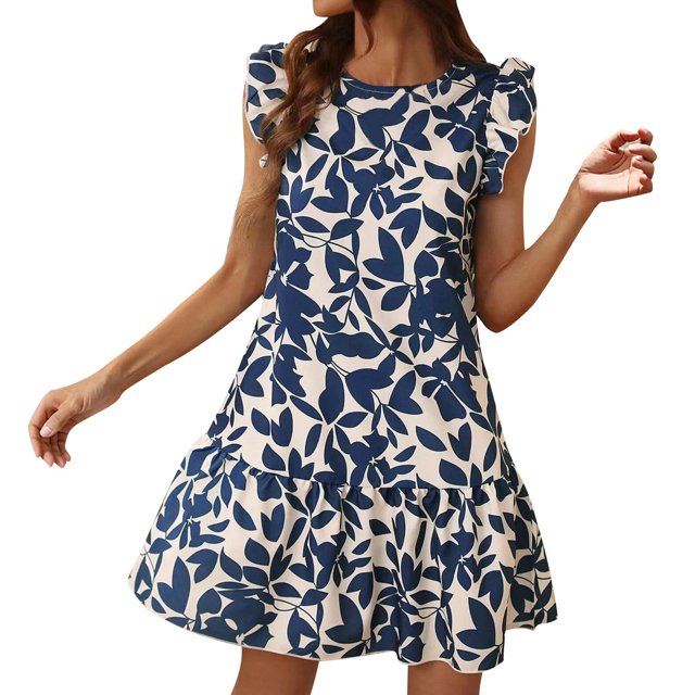 asddcavvf Dresses for Women Women's Spring/Summer Round Neck Flared Sleeve Floral Print Dress With R