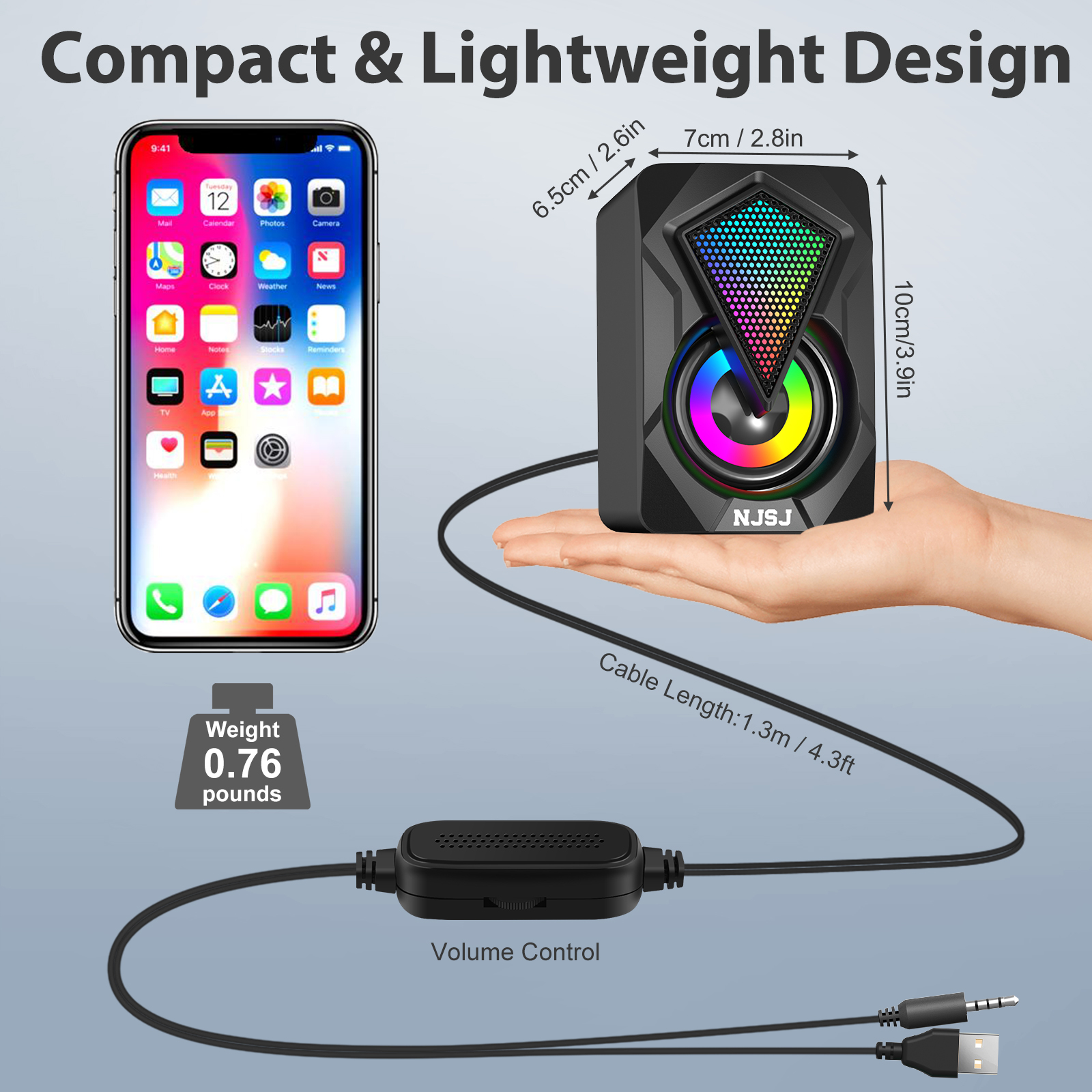 NJSJ Computer Speakers,2.0 USB Powered Gaming Speakers with RGB LED Light 3.5mm Aux Input Stereo Mini Multimedia Speaker for PC, Desktop, Laptop, Cellphone, Monitor