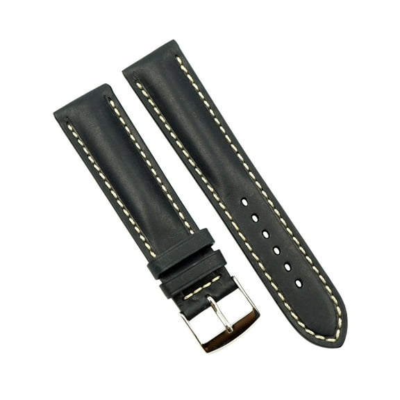 20mm Black Vintage Leather Watch Band with Ecru Stitch