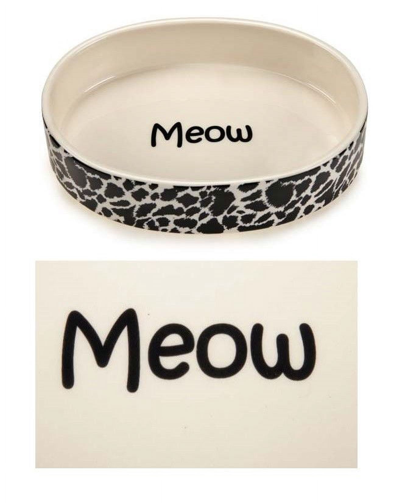 Cat Dish Ceramic Bowl Black White Animal Print "Meow" Design Oval 6" Holds 10 oz