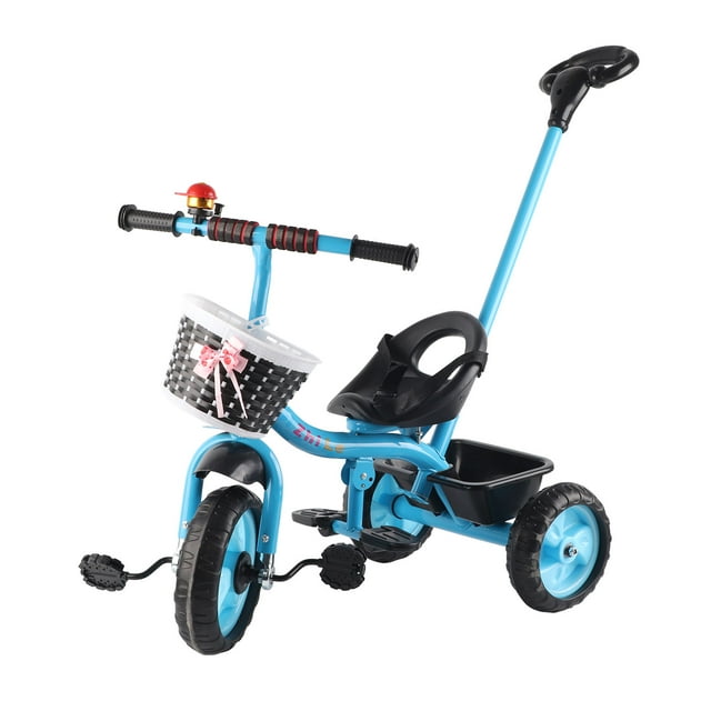 Tricycle d'Enfant d'Équilibre Trike Pédales Pliantes Poignée de Poussée Réglable Contrôle de Direction Vélo pour Tout-Petit Bleu