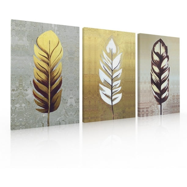 Set de 3 Cuadros decorativos Modernos Ideas Creativas Plumas Oro