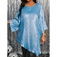 thumbnail image 3 of Women'S 2025 Plus Size Loose Round Neck Nine-Point Sleeve Irregular Hem Tops Light Blue XXXL, 3 of 6