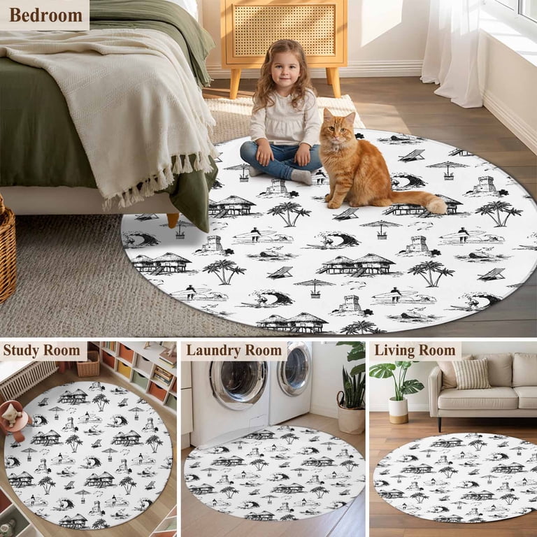 Coastal Nautical Round Area Rug 7Ft Washable Circle Rugs for Dorm