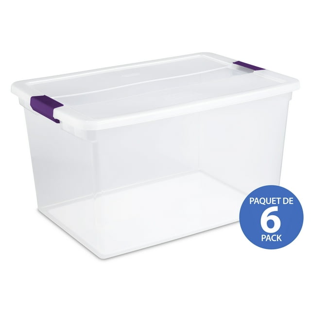 Sterilite 62 Liter ClearView™ Latch Box, Clear Plastic Storage Bin with Lid and Purple Latch, 6 Pk