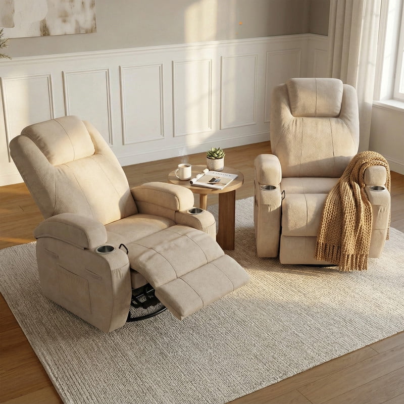 Homall 360° Swivel Rocking Recliner Massage Oversized Singal Sofa For Living Room Ergonomic High Backrest and Adjustable Recliner,Linen Beige