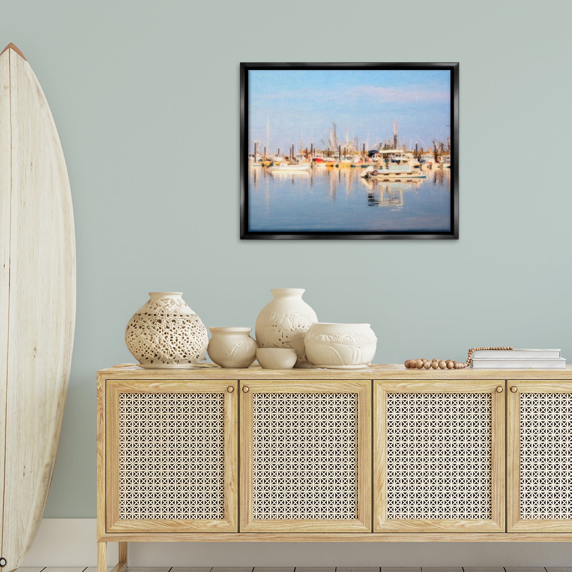 Stupell Industries Blurred Abstract Boat Marina Transportation Painting Black Floater Framed Canvas Art Print Wall Art, 31 x 25