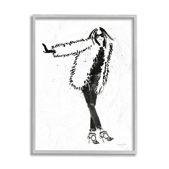 Stupell Industries Luxurious Fashionista Sassy Glam Pose Fur Coat Grey Framed, 11 x 14, Design by Mercedes Lopez Charro