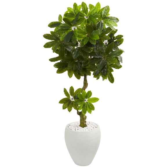 Nearly Natural 5.5’ Schefflera Artificial Tree in White Planter UV Resistant (Indoor/Outdoor)