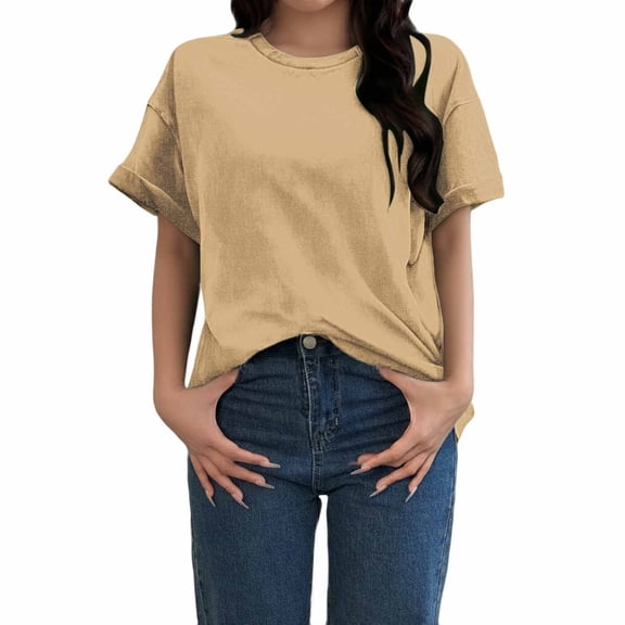 ManxiVoo Comfortable T-Shirt for Women Cotton Blend with Casual Short Sleeves and Classic Round Neck Top Everyday Wear L Size Beige