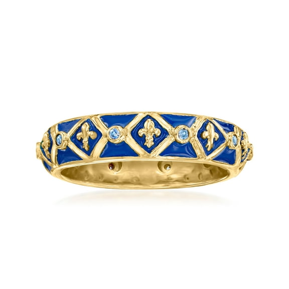 Ross-Simons 0.10 ct. t.w. Sapphire and Blue Enamel Fleur-De-Lis Eternity Band in 18kt Gold Over Sterling, Women's, Adult