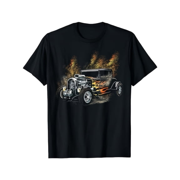 Retro Hot Rod Classic Car Flame Graphic Men's Black T-Shirt Vintage Automotive Streetwear Racing Tee