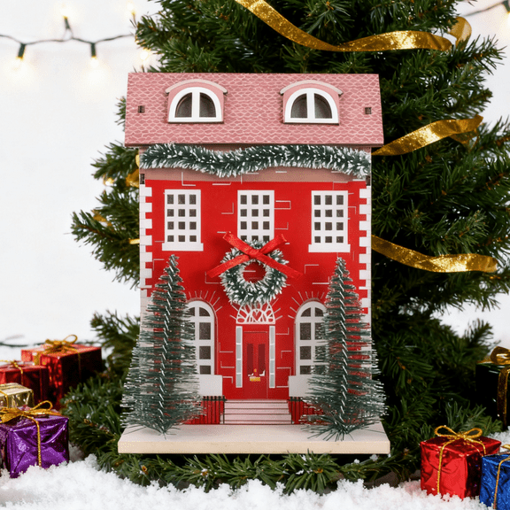 Red Christmas Village Houses - Wooden LED Mini Glow Decor, Home Desktop Ornament