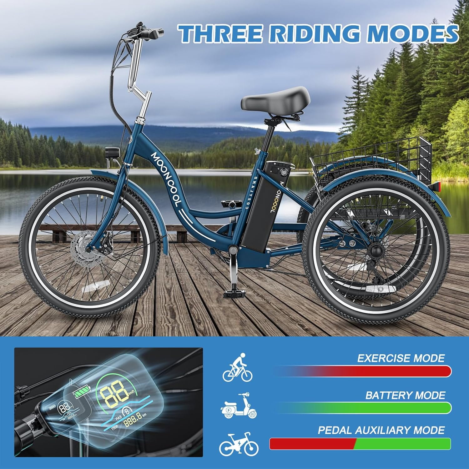 MOONCOOL 350W Motorized Electric Trike, 7 Speed 3 Wheel Electric Bicycle with 36V 10.4Ah Lithium Battery UL Certified, 24"/26" Electric Tricycle for Adults with Rear Basket